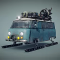 Old Blue Weathered Van With Ski Tracks For Off Road And Roof Mounted Mechanical Equipment