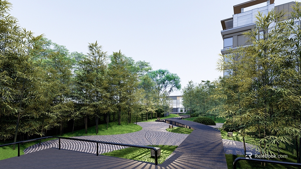 Residential Landscape With Winding Paved Pathway Lush Green Trees And Modern Building 3d model 