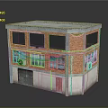 Two Story Brick Building Model With Gray Roof Windows Air Conditioning Units And Red Door