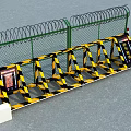 Security Fence With Green Frame Barbed Wire Top Yellow Black Warning Stripes And Signs