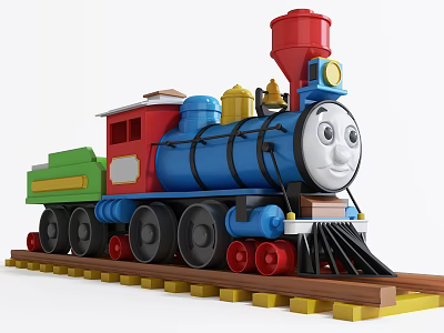 Electric Toy Train With Colorful Body Red Chimney Blue Engine Green Carriage And Yellow Tracks 3d model