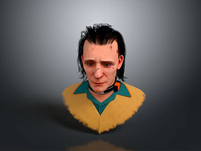 Detailed 3D Character Head With Black Hair Facial Scar Yellow Fur Collar Green Shirt 3d model
