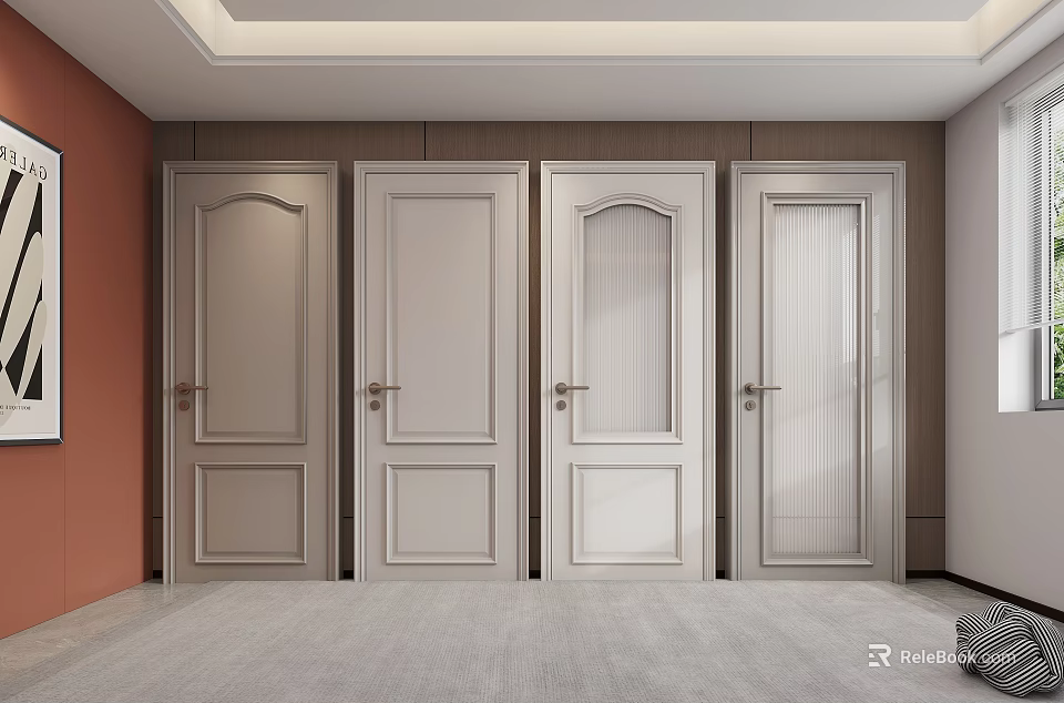 Four Light Toned Hinged Doors With Various Designs In Interior Display Space 3d model