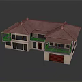 Cartoon Style House Model With Red Roof Beige Walls Balconies And Garage Door