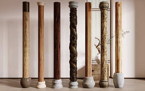 Quiet pillars, old wooden pillars, old wooden boards, wooden beams, column heads, columns 3d model