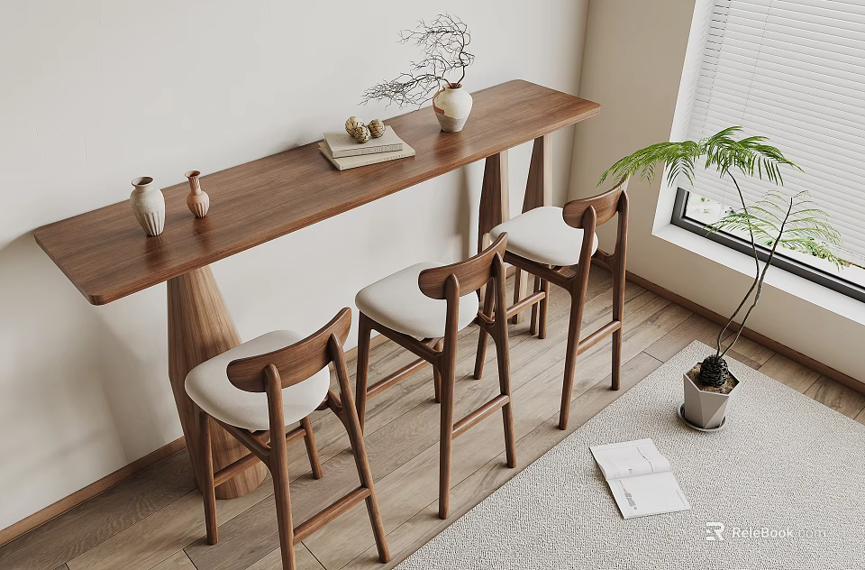 Wooden Bar Counter With Three High Stools Near Window And Green Plant Decor Interior 3d model 