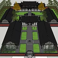 Traditional Ancient Chinese Architecture Gate with Classic Roof Overhanging Eaves Red Walls and Lattice Windows