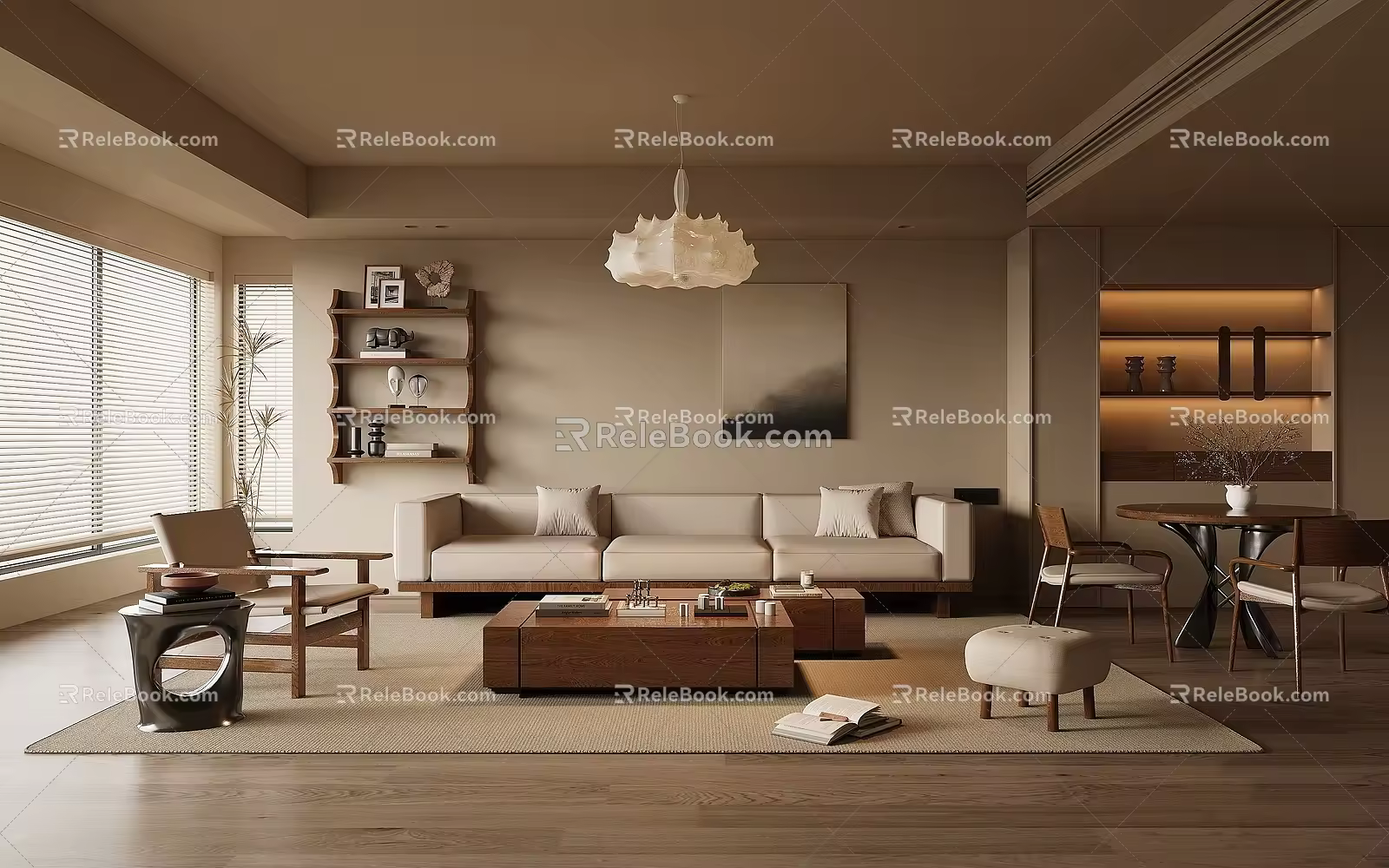 Quiet Chinese and Ancient Style Home Restaurant Solid Wood Sofa Coffee Table Combination Leisure Chair Decorative Cabinet Solid Wood Dining Table and Chair Chandelier 3d model