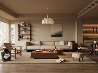 Cozy Modern Living Room Interior Design With Beige Sofa Wooden Coffee Table And Chandelier 3d model