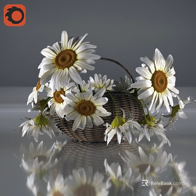 Decorative Ornament Set with Wicker Basket and White Daisies for Tabletop Decoration 3d model 