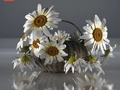 Decorative Ornament Set with Wicker Basket and White Daisies for Tabletop Decoration 3d model