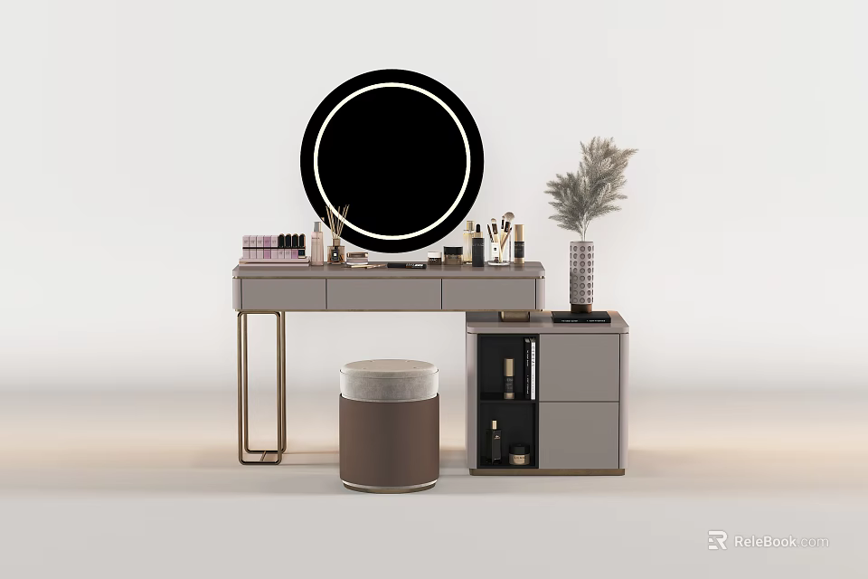 Modern Dressing Table With Circular Backlit Mirror Cosmetics Stool And Cabinet 3d model