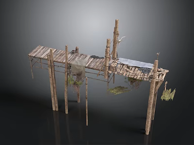 Rustic Wooden Elevated Platform Structure With Planks Posts Hanging Nets And Plants 3d model