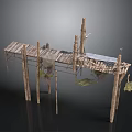 Rustic Wooden Elevated Platform Structure With Planks Posts Hanging Nets And Plants
