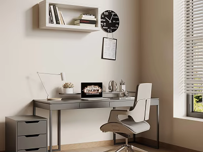 Modern Home Office Workspace With Desk Chair Laptop Desk Lamp Shelf Clock And Blinds 3d model