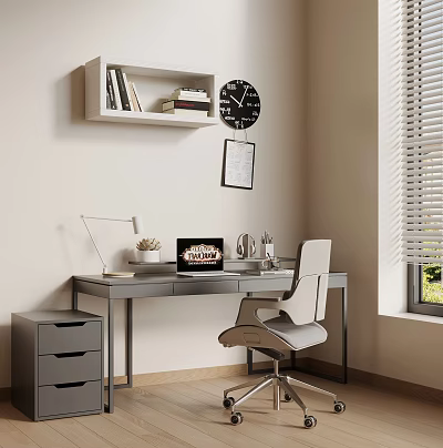 Modern Home Office Workspace With Desk Chair Laptop Desk Lamp Shelf Clock And Blinds 3d model