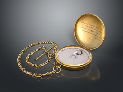 Vintage Golden Pocket Watch With Open Engraved Lid White Dial And Chain 3d model
