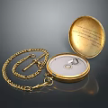 Vintage Golden Pocket Watch With Open Engraved Lid White Dial And Chain