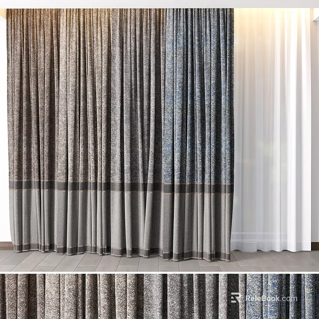 Modern Gray Blue Layered Curtain Design With Textured Fabric And Sheer White Panels 3d model 