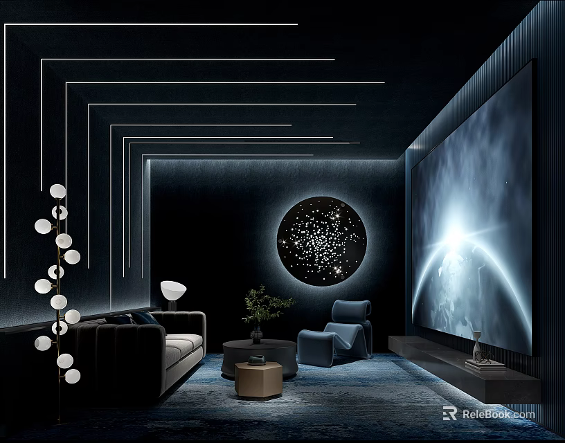 Modern Home Theater Interior With Sofa Armchair And Projector Screen 3d model 