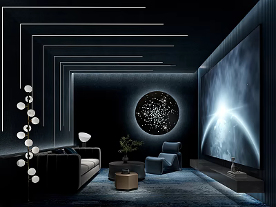 Modern Home Theater Interior With Sofa Armchair And Projector Screen 3d model