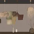 Natural Pendant Lights with Woven Rattan and Feather Shades in Neutral Interior And Pampas Grass