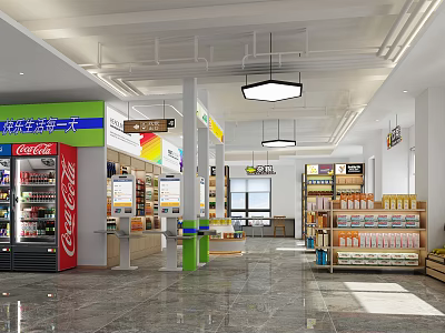 Spacious Modern Supermarket Interior With Bright Lighting Product Shelves And Beverage Displays 3d model