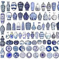 Traditional Blue and White Ceramic Vessels Collection with Various Shapes and Decorative Designs