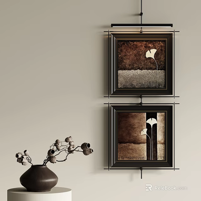 Modern Home Decor With Two Framed Artworks And Black Vase Arrangement 3d model 
