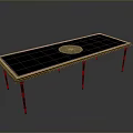 Elegant Long Dark Dining Table Featuring Gold Trim Circular Centerpiece And Wooden Legs