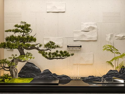 Indoor Zen Rock Garden With Flowing Water Pine Tree And Stone Wall Decor 3d model