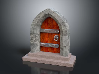 Detailed Medieval Architecture Stone Arch Doorway With Wooden Door Metal Straps And Ring 3d model