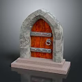 Detailed Medieval Architecture Stone Arch Doorway With Wooden Door Metal Straps And Ring