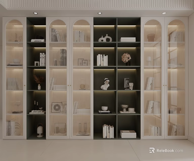 Modern Illuminated Decorative Cabinet With Glass Doors Shelves Books And Decorative Items 3d model 