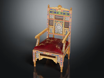 Ornate Traditional Chair with Intricate Carvings Red Cushion Golden Decorations and Colorful Inlays 3d model