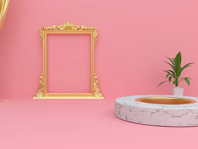 Golden Ornate Frame And Green Plant On Pink Background With Marble Pedestal 3d model