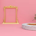 Golden Ornate Frame And Green Plant On Pink Background With Marble Pedestal