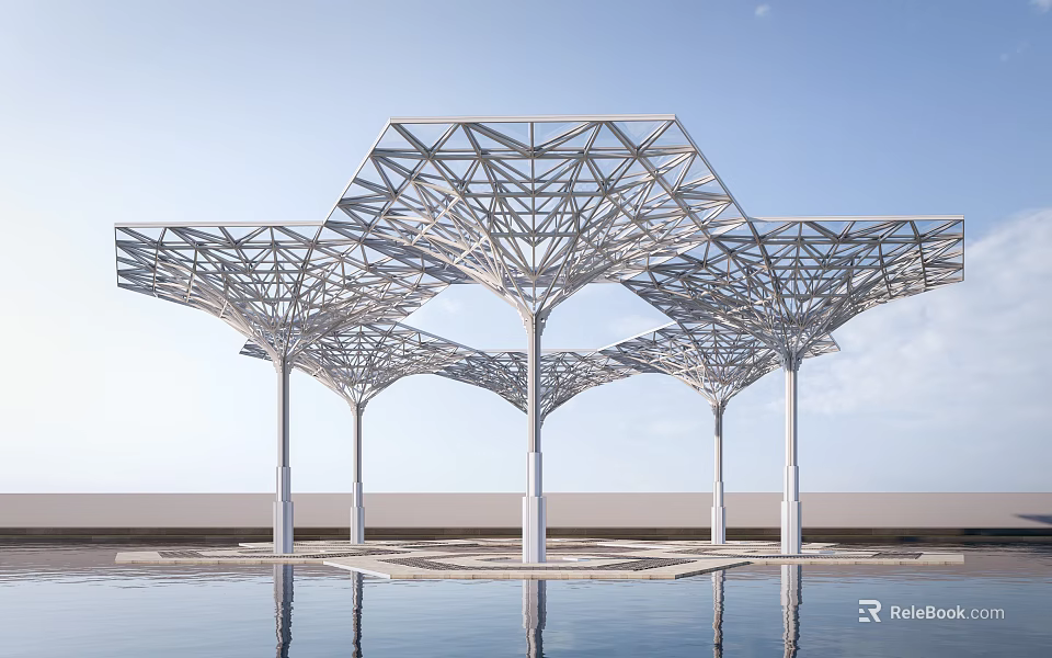 Modern Hexagonal Metal Frame Structure With White Pillars Reflective Pool And Blue Sky Background 3d model 