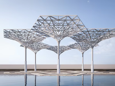 Modern Hexagonal Metal Frame Structure With White Pillars Reflective Pool And Blue Sky Background 3d model