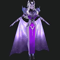 Game and Movie Character in Purple Sparkling Long Dress with Elaborate Headdress and Decorative Cloak