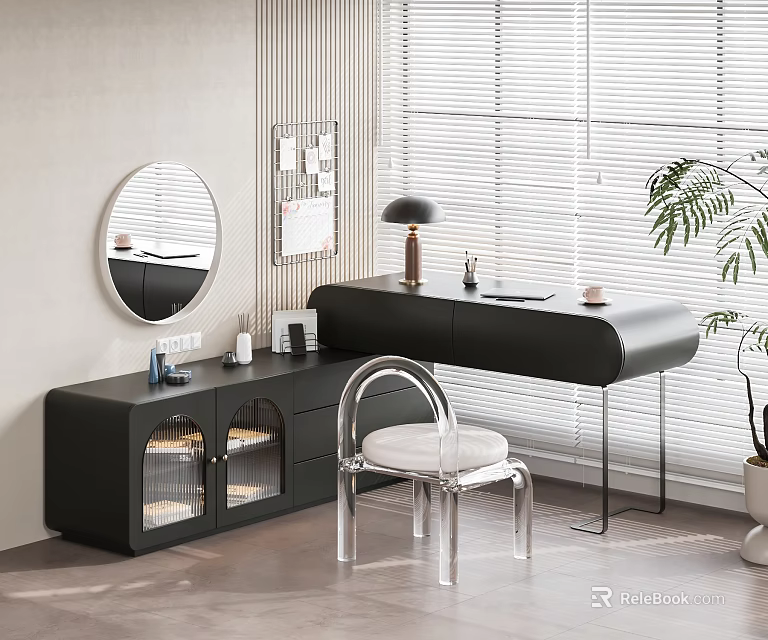 Modern Black Dressing Table With Acrylic Chair And Round Mirror 3d model 