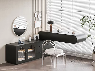 Modern Black Dressing Table With Acrylic Chair And Round Mirror 3d model