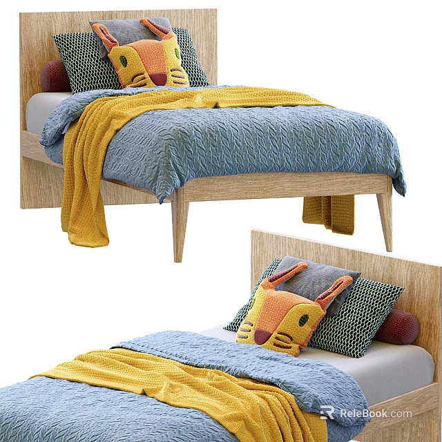 Cute Wooden Kids Bed With Animal Shaped Pillows And Soft Blue Yellow Blanket 3d model 