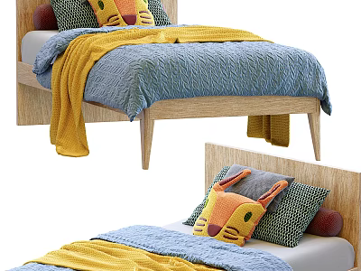 Cute Wooden Kids Bed With Animal Shaped Pillows And Soft Blue Yellow Blanket 3d model