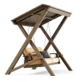 Outdoor Wooden Swing Chair with Two Person Brown Seat Gray Cushions and Hanging Chain Design