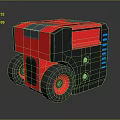 Red And Black Box Shaped Robot With Wheels And Blue Mechanical Accents