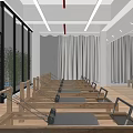 Modern Pilates Studio Interior With Reformer Equipment Wooden Floor And Mirrors