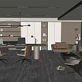 Modern Office Interior Design With Desk Chairs Sofa Bookshelves And Pendant Lights