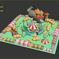 Modern Amusement Park Scene With Carousel Colorful Buildings Balloons And Umbrella Decorations