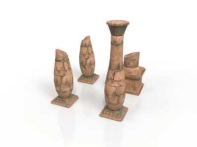 Ancient Stone Sculpture Carvings with Textured Surfaces and Various Shapes on Square Bases 3d model